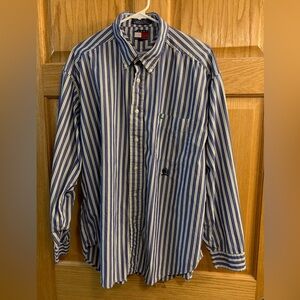 Tommy Hilfiger 90s Striped Crest Mens XL Button Up Shirt Long Sleeve Blue White